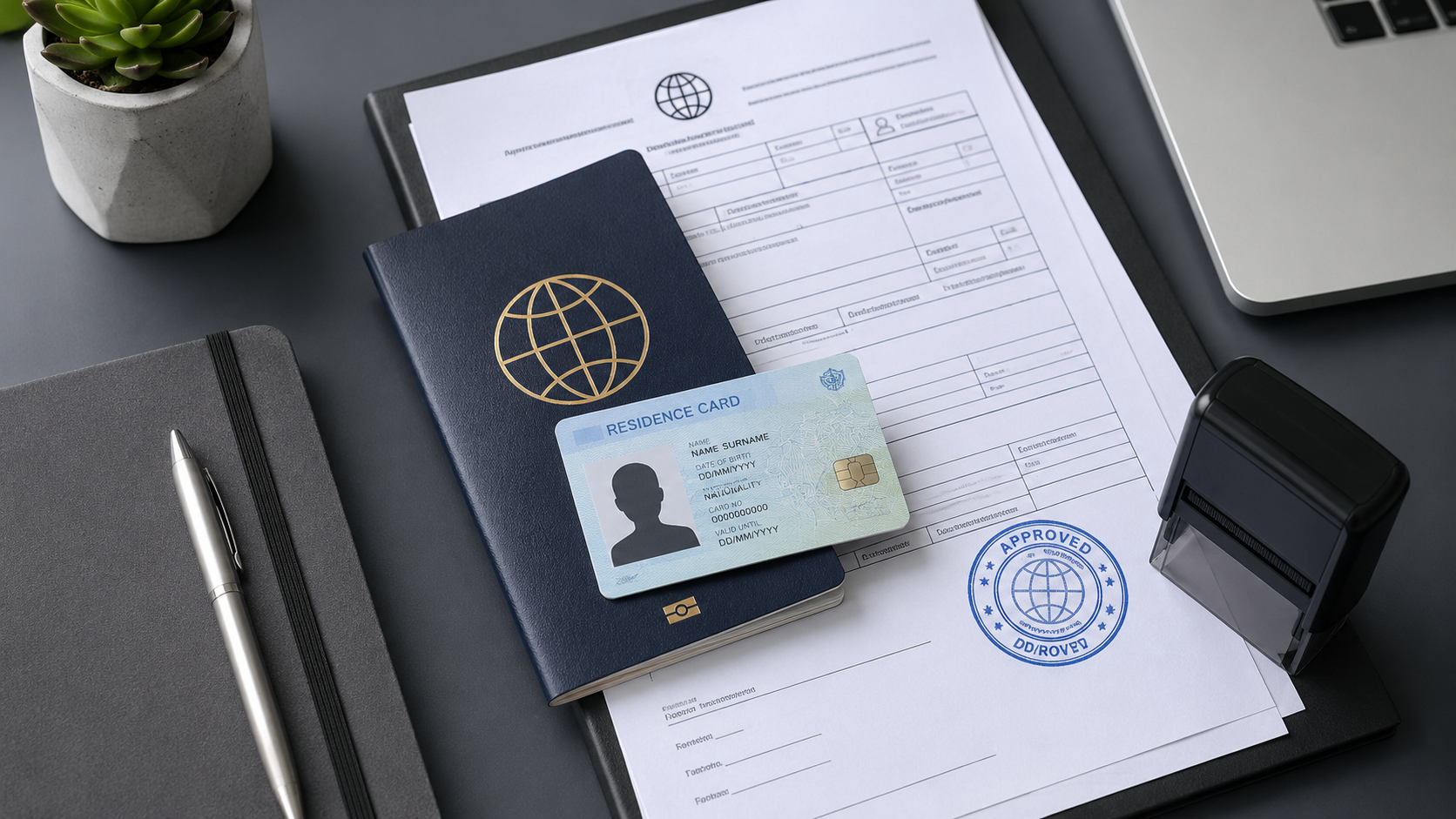 Hero image — passport, documents and paperwork flat-lay